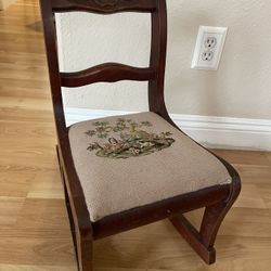 Child’s Antique Carved Wooden Rocking Chair With Needlepoint