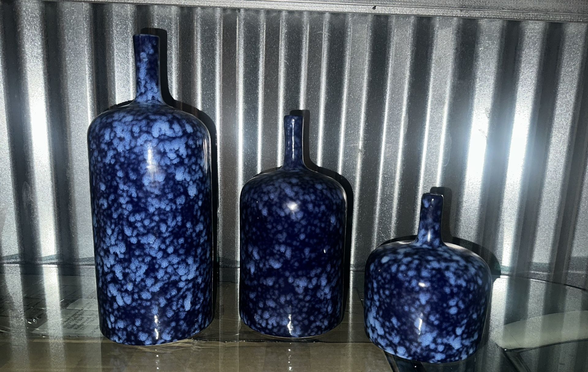 Set of 3 Deep Blue Speckled Ceramic Bottleneck Vases