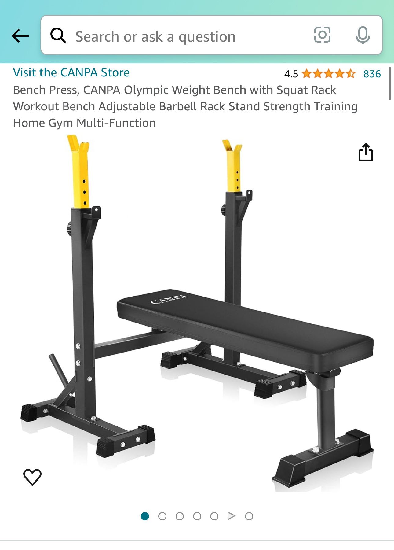 Bench Press, CANPA Olympic Weight Bench with Squat Rack Workout Bench Adjustable Barbell Rack Stand Strength Training Home Gym Multi-Function