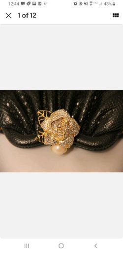 JUDITH LEIBER Black Gold Rose Pearl Swarovski Crystals SNAKESKIN PURSE comb