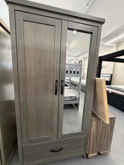 Gray Wood Armoire Wardrobe with Mirror and Drawer