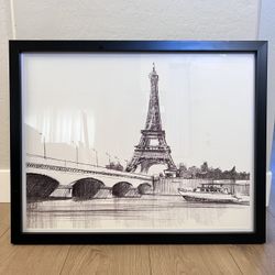 32x25 Glass Framed Matte Black and White Cathedral of PARIS Eiffel Tower Charcoal Pencil Artwork