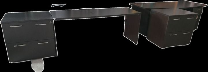 Office desk and cabinets.