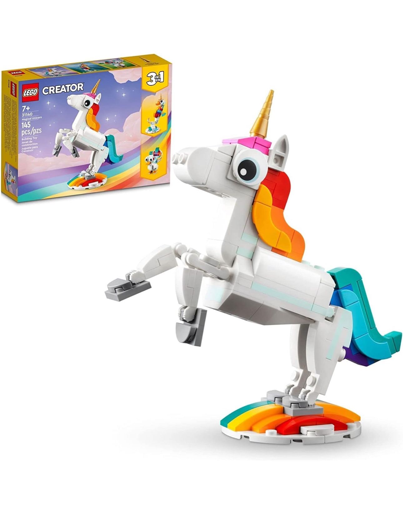 LEGO Creator 3 in 1 Magical Unicorn Toy, Transforms from Unicorn to Seahorse to Peacock, Rainbow Animal Figures, Unicorn Gift for Grandchildren, Girls