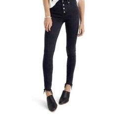 MADEWELL Black Button Fly 9” High Rise Skinny Jeans With Raw Fringe Hem Size 24.  Waist across 12 Inseam 27 Make an offer!