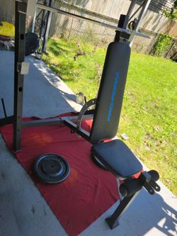 PRO FORM  BENCH WITH INCLINE SAFETY HOOKS OLYMPIC  1" HOLE 6' BAR AND 100LBs  2-50s
11525 S HALSTED/7111.S WESTERN 
140$  CASH ONLY AS IS
