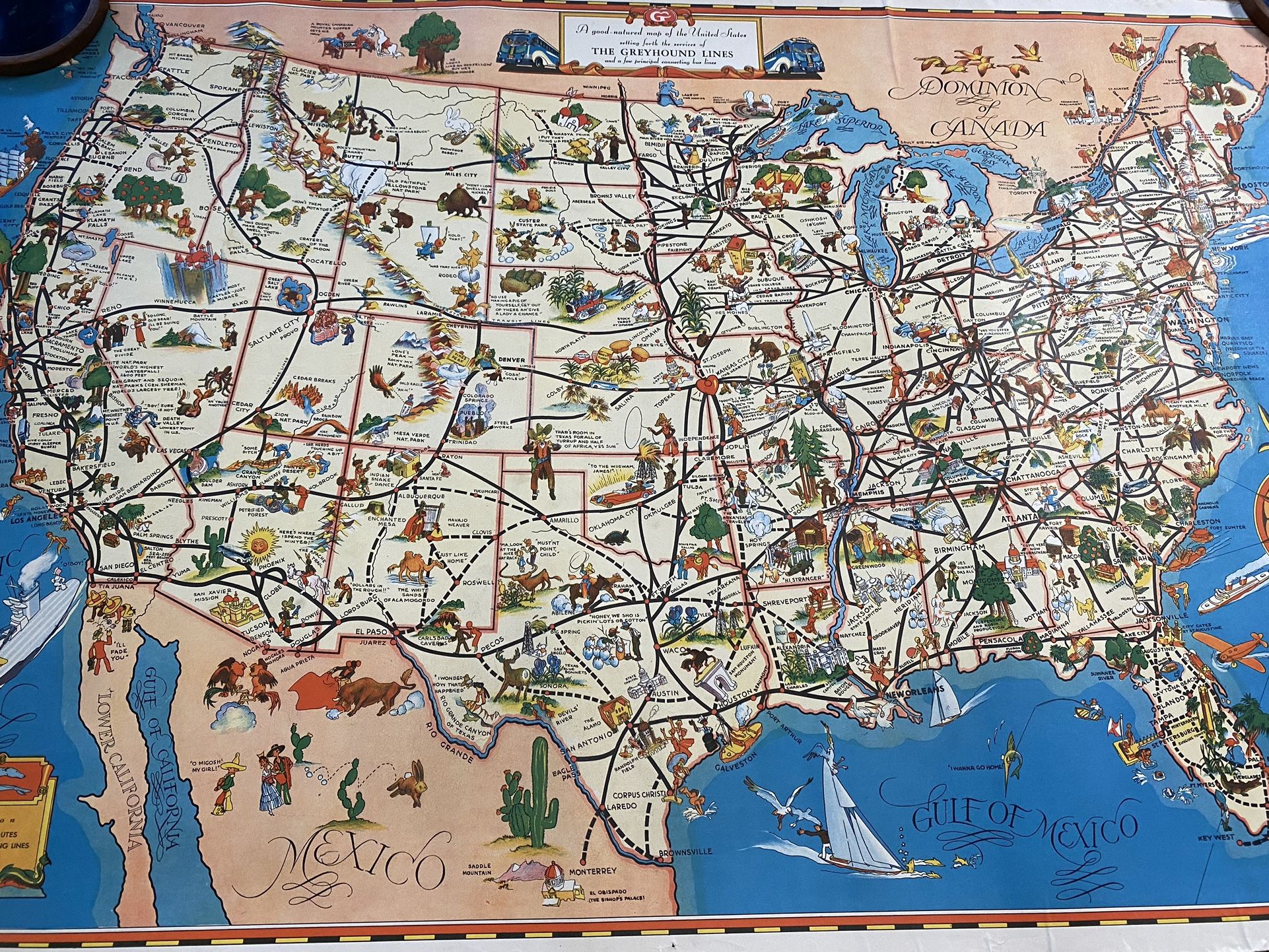 Vintage 1939 Greyhound Bus Lines Map