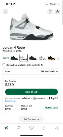 Jordan 4 white cement size 9.5
