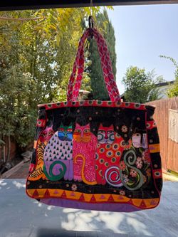 Laurel Burch Large Cat Print Canvas Cotton Zip Top Tote Handbag Multicolor