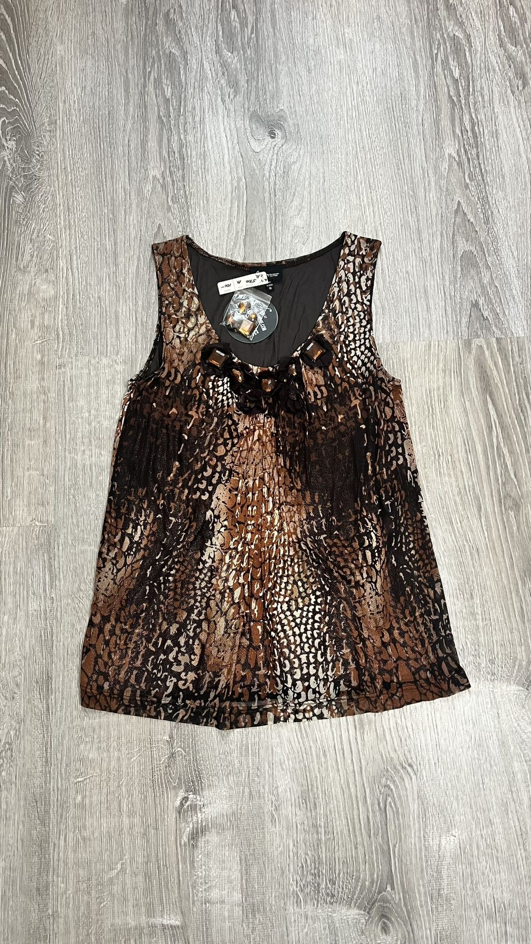 Lynn Ritchie Womenβs Medium Brown Black Snakeskin Animal Print Silk Blouse Tank Top Casual