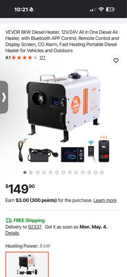 Like New! Vevor 8kW Diesel Air Heater 12V/24V + 16ft 3” Ducting Bundle - Bluetooth App, Remote, CO Alarm
