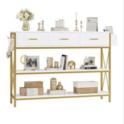 HITHOS 47.2" Console Table with 3 Drawers, Narrow Long Entryway Table with 3-Tier Storage Shelves, Industrial Sofa Foyer Table for Living Room, Hallwa