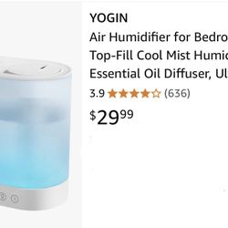 New, In Box (still In Plastic), Yogin Air Humidifier For Bedroom. MSRP $29.99 