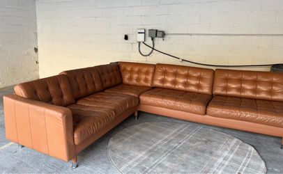 Discontinued IKEA LANDSKRONA Golden Brown Leather Corner Couch Sofa Sectional Mid Century Style