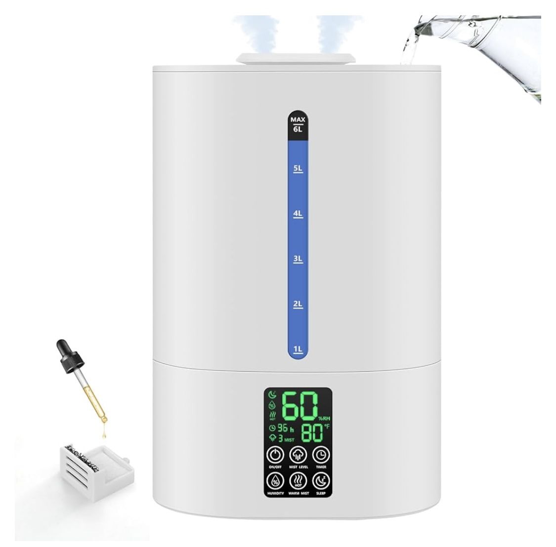 6L Large Room Humidifier cold and Warm, Oil Diffuser, Quiet with Adjustable Mist Nozzle - New
