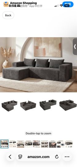 Modular Sectional L-Shaped Sofa with Deep Seat, Modern Boneless Comfy Corduroy Fluffy Couch with Side Pockets and Anti-Slip & Floor-Friendly Bottom fo