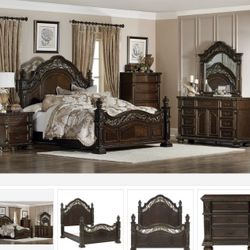 Catalonia Cherry Poster Bedroom Set  ( Queen, king, twin, full bedroom set - bed frame- tall dresser, nightstand and chest, mattress options