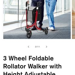 3 Wheel Foldable Rollator Walker with Height Adjustable Handles and Removable Large Shopping Bag