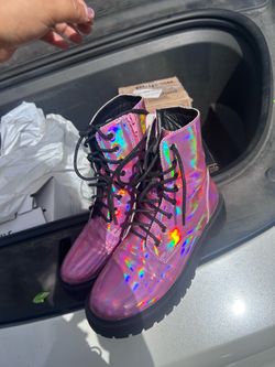 Pink Holographic Lace-Up Combat Boots