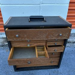 Vintage Tool Box Metal Frame With Wood Drawer Accents- Very Sturdy - Heavy Duty - Compact