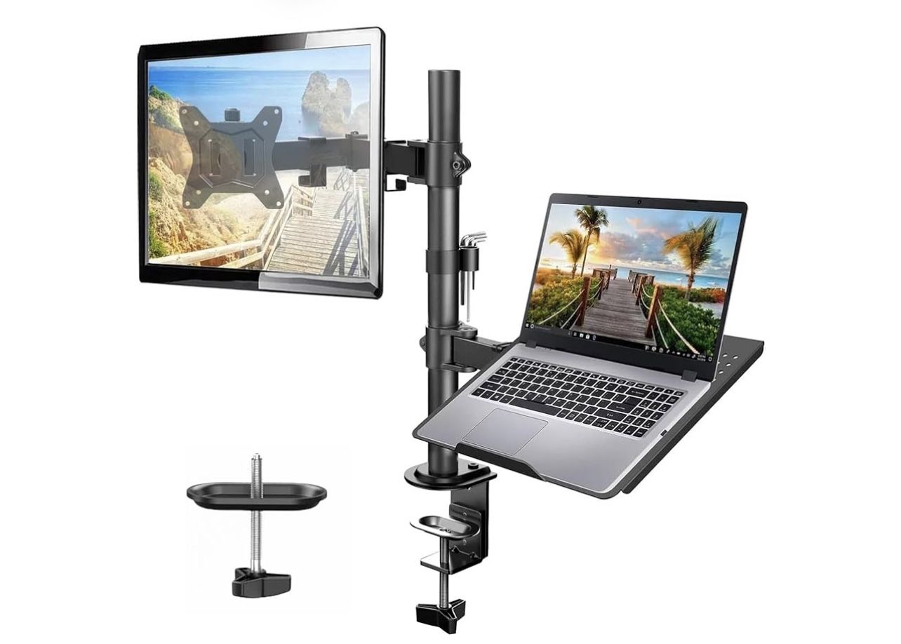 Adjustable Monitor Stand, Single Arm Desk Mount for 32 inch Screen and 17 inch Laptop, Heavy Duty Ergonomic Bracket Holds 22lbs