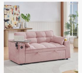 Pink chenille two-seater sofa bed with armrests, storage, USB port and side table
