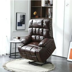 Oversized Recliner Chair, Extra Wide Seat Recliner for Big and Tall, Large Power Lift Chair with Heat and Massage, Brown Leather