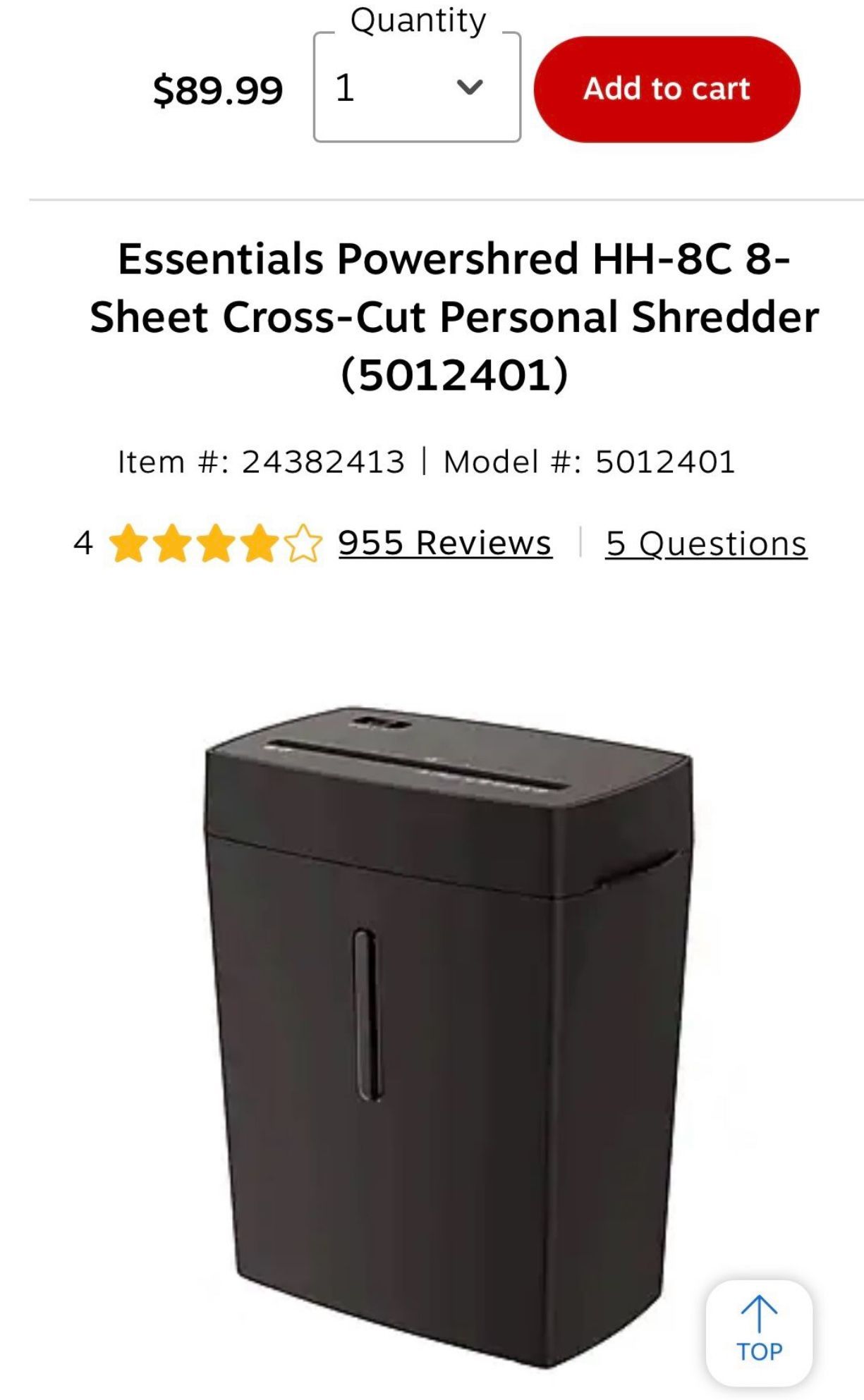 Essentials Powershred HH-8C 8- Sheet Cross-Cut Personal Shredder