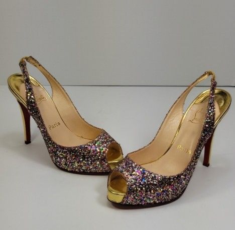 CHRISTIAN LOUBOUTIN Gold Glitter N Prive Peep-Toe Slingback 4.5" Heels / Size 38