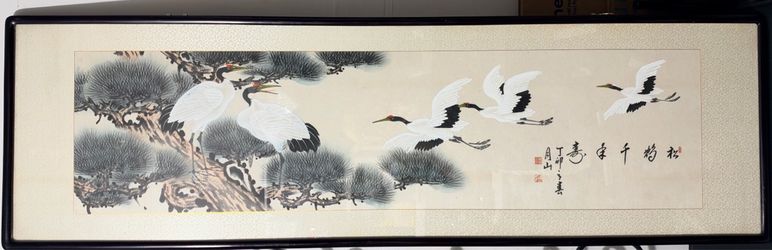 Large Vintage Asian Crane & Pine Artwork – Signed & Sealed – 60” Tall