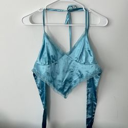 SHEIN Backless Knotted Lace Trim Satin Halter Top