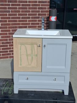 Used Single Sink Bath Vanity in Pearl Gray with White Cultured Marble Top