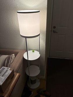 White Floor Lamp with Built-In Shelves