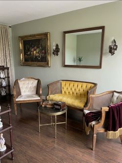 1970s Vintage Regency Revival Victorian Settee Matching Armchairs Nouveau Pauvre Old Money Glamour Antique Tufted Velvet