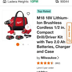 Milwaukee 18V Lithium Ion Cordless 1/2 Inch  Drill/Driver Kit With Batteries 