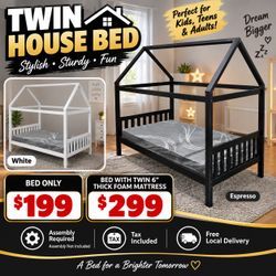 Twin house bed. Available in espresso, white. Assembly required. Assembly not included. Tax included. Free local delivery.  Bed only-$199 Bed with 1 t