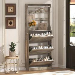 New Shoe Cabinet Storage for Entryway Shoe Storage Cabinet with 3 Flip Drawer White Slim Freestanding Narrow Shoe Cabinet Tall Wood Modern Shoes Cabin