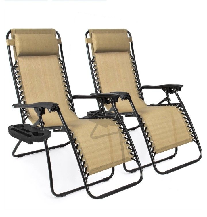 Set of 2 Reclining Outdoor Lounge Chair with Cup Holders