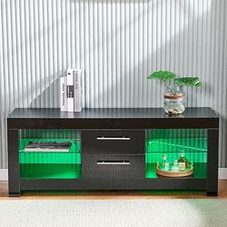 TV Stand Table, RVEE TV Console Table, High Gloss TV Stand Cabinet with LED Light, Entertainment Center Wood Media Console TV Cabinet with Storage Dra