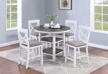 Brand  new white or gray counter hight dining table (42"x36"H) + 4 gray line chairs