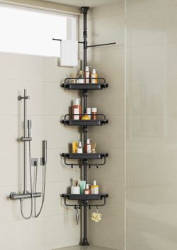 32-122inch Corner Shower Caddy Tension Pole Black, Rustproof Drill-Free Shower Shelves for Bathroom Bathtub Washbasin, Adjustable Shower Organizer wit