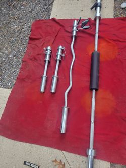 OLYMPIC BARS  2" HOLE    
DUMBBELL HANDLES WITH COLLARS 
7' STRAIGHT BAR 
EZ-CURL BAR 
11525 S HALSTED/7111.S WESTERN 
120$  CASH ONLY AS IS