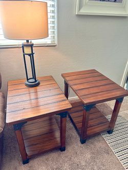 Rustic End Tables with Metal Accents (Set of 2) – Very Good Condition