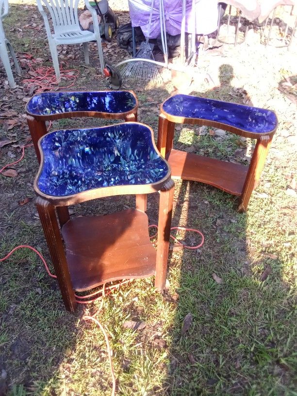 Antique Art Deco Wood End Tables Or Nightstands With Mirror Cobalt Blue Glass$150 For All Or Make An Offer