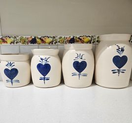 Set Of Four Blue Heart Design Stoneware Pottery Crock Canisters With Lids