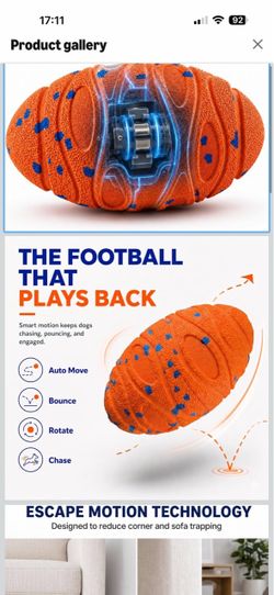 Interactive Dog Ball for Medium & Large Dogs, E-TPU Football Toy Interactive dog toys: 2 modes, quiet bounce, USB-C charging, easy to clean 100+ bough