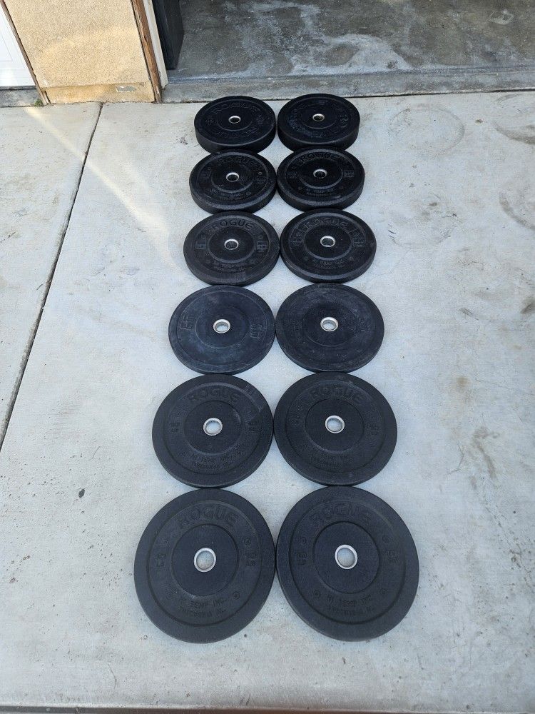 280lb set Rogue bumper plates & olympic bar