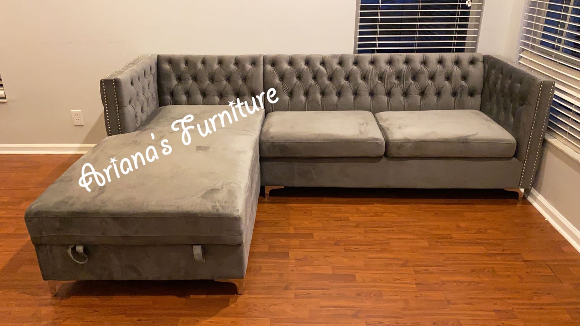 New Grey Velvet Sectional With Storage