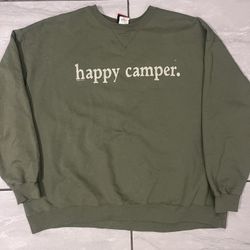 Vintage 90s 1999 Outdoors HAPPY CAMPER Olive Green Crewneck Sweater Size 2XL