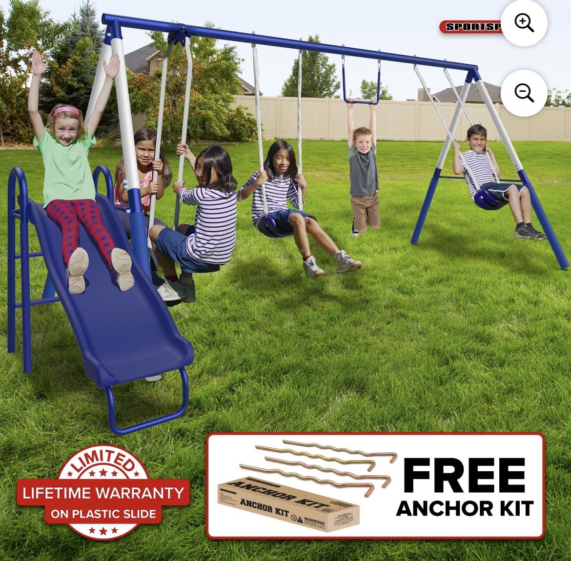 Sportspower Arcadia Metal Swing Set with Trapeze, 2 Person Glider Swing, 5' Double Wall Slide with Lifetime Warranty, and Bonus Anchor Kit, Great for